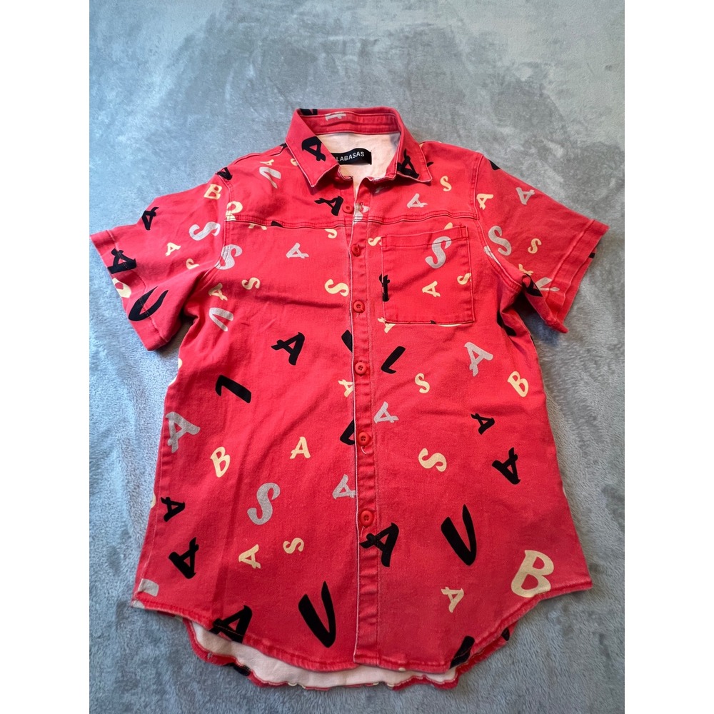 Valabasas Button Up Shirt Mens XXL Red  Short Sleeve Denim Alphabet
